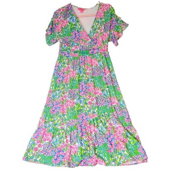 LILLY PULITZER Juliet Ruffle‎ Midi Dress Sz M Cherry On Top Multi Floral Stretch - Picture 1 of 11